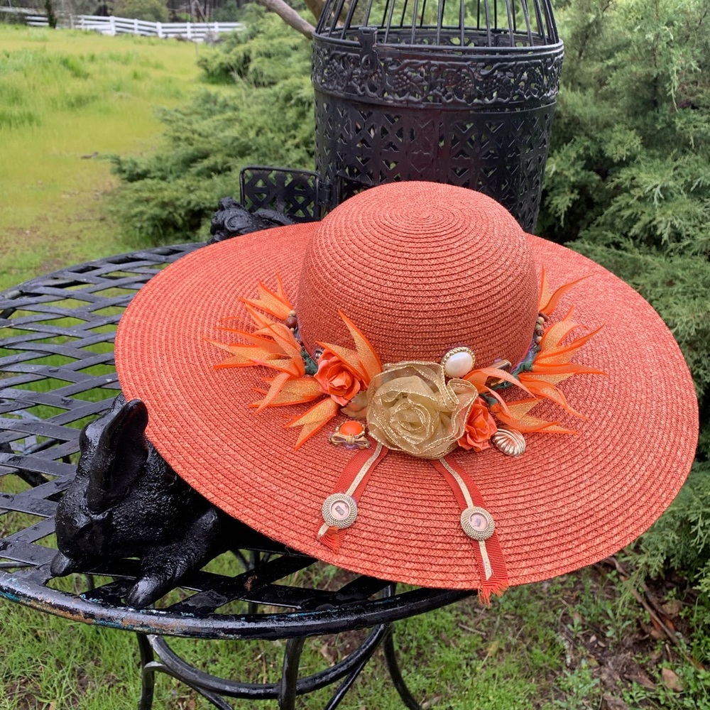 Kreativekristen upcycled Orange wide brim straw Hat with Floral Accents - Picture 1 of 12